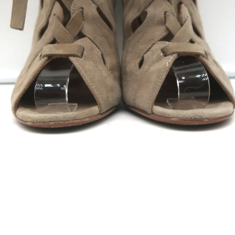 Bottes cheville Alaia à lacets avec découpes, suède taupe, taille 37.5, bout ouvert