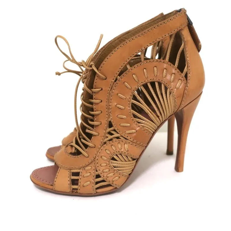 Bottines Alaia à lacets avec bout ouvert en cuir camel taille 37 à talon haut