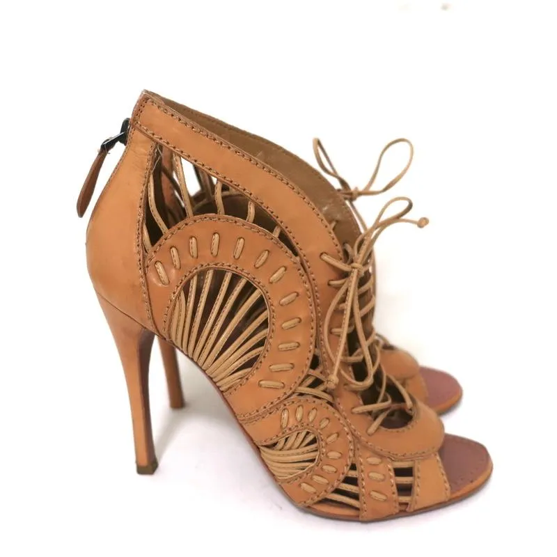Bottines Alaia à lacets avec bout ouvert en cuir camel taille 37 à talon haut