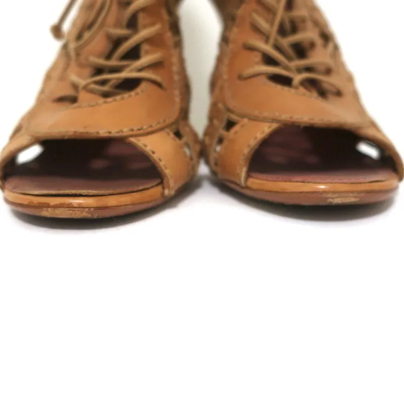 Bottines Alaia à lacets avec bout ouvert en cuir camel taille 37 à talon haut