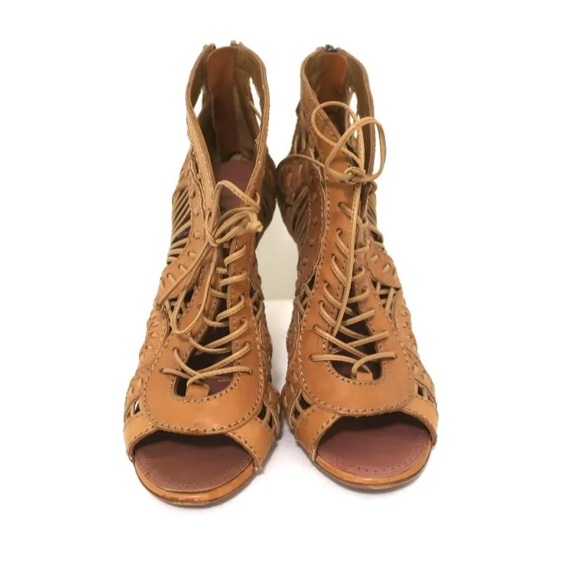 Bottines Alaia à lacets avec bout ouvert en cuir camel taille 37 à talon haut