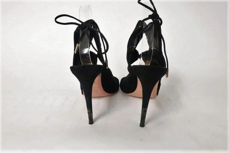 Bottines Aquazzura Pasadena Noir en Suède à Découpes Taille 39 Bout Ouvert Talon à Lacer