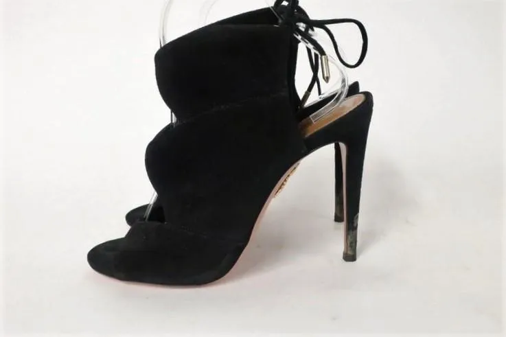 Bottines Aquazzura Pasadena Noir en Suède à Découpes Taille 39 Bout Ouvert Talon à Lacer