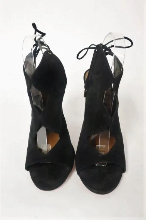 Bottines Aquazzura Pasadena Noir en Suède à Découpes Taille 39 Bout Ouvert Talon à Lacer