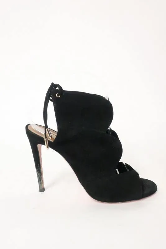 Bottines Aquazzura Pasadena Noir en Suède à Découpes Taille 39 Bout Ouvert Talon à Lacer