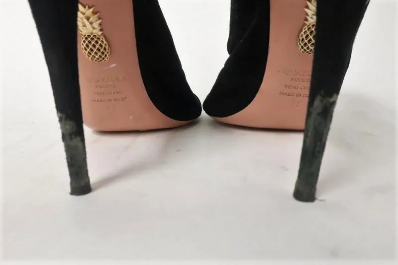 Bottines Aquazzura Pasadena Noir en Suède à Découpes Taille 39 Bout Ouvert Talon à Lacer
