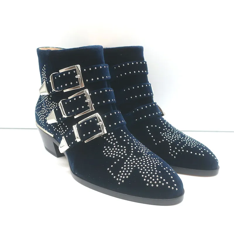 Bottes chelsea Chloe Susanna en velours clouté marine taille 35.5 avec boucle NEUVES