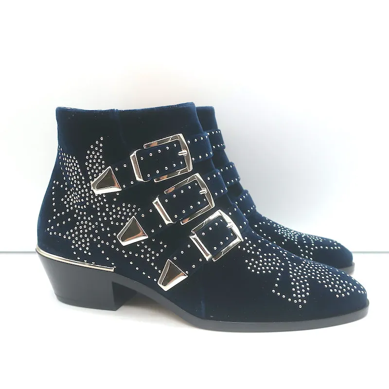 Bottes chelsea Chloe Susanna en velours clouté marine taille 35.5 avec boucle NEUVES