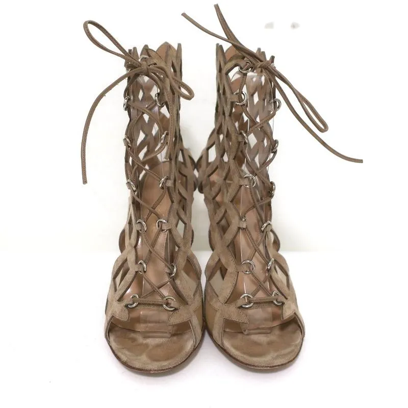 Bottes Gianvito Rossi en daim beige avec découpes taille 37 - Sandales bottillons à bout ouvert