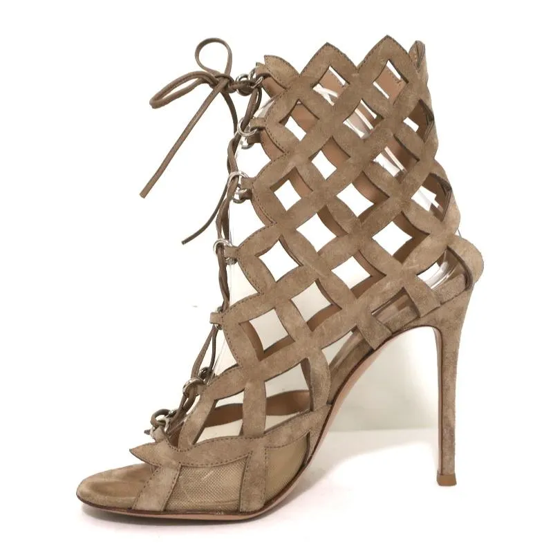 Bottes Gianvito Rossi en daim beige avec découpes taille 37 - Sandales bottillons à bout ouvert