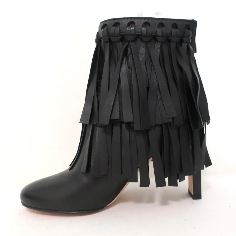 Bottines Jimmy Choo à franges Mala en cuir noir Taille 35 Bottes à cheville à talon haut