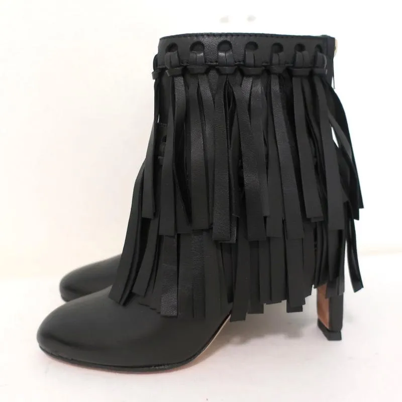 Bottines Jimmy Choo à franges Mala en cuir noir Taille 35 Bottes à cheville à talon haut