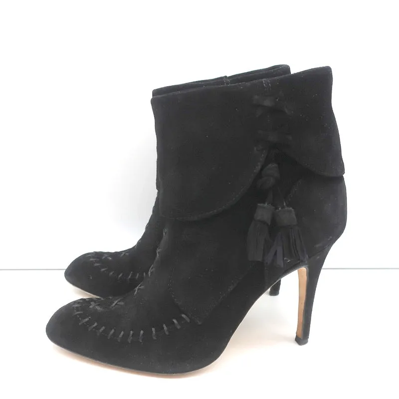 Bottes à cheville à pompons Manolo Blahnik en daim noir taille 37 à talon haut
