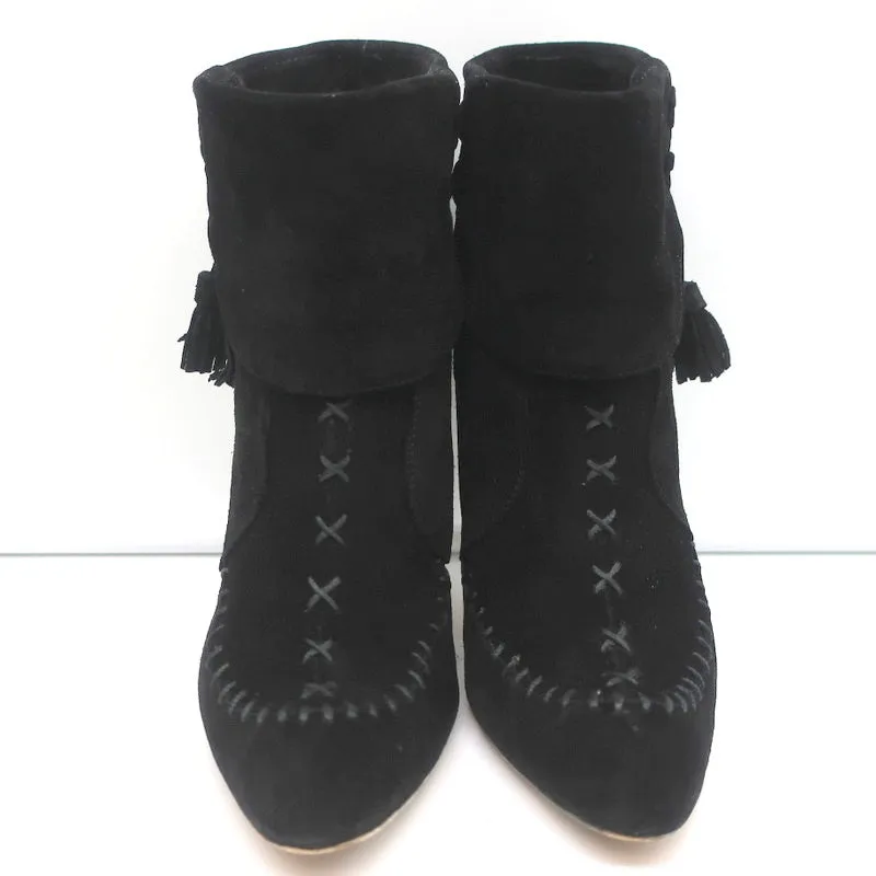 Bottes à cheville à pompons Manolo Blahnik en daim noir taille 37 à talon haut
