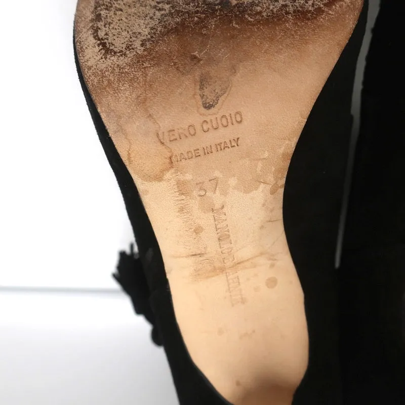 Bottes à cheville à pompons Manolo Blahnik en daim noir taille 37 à talon haut