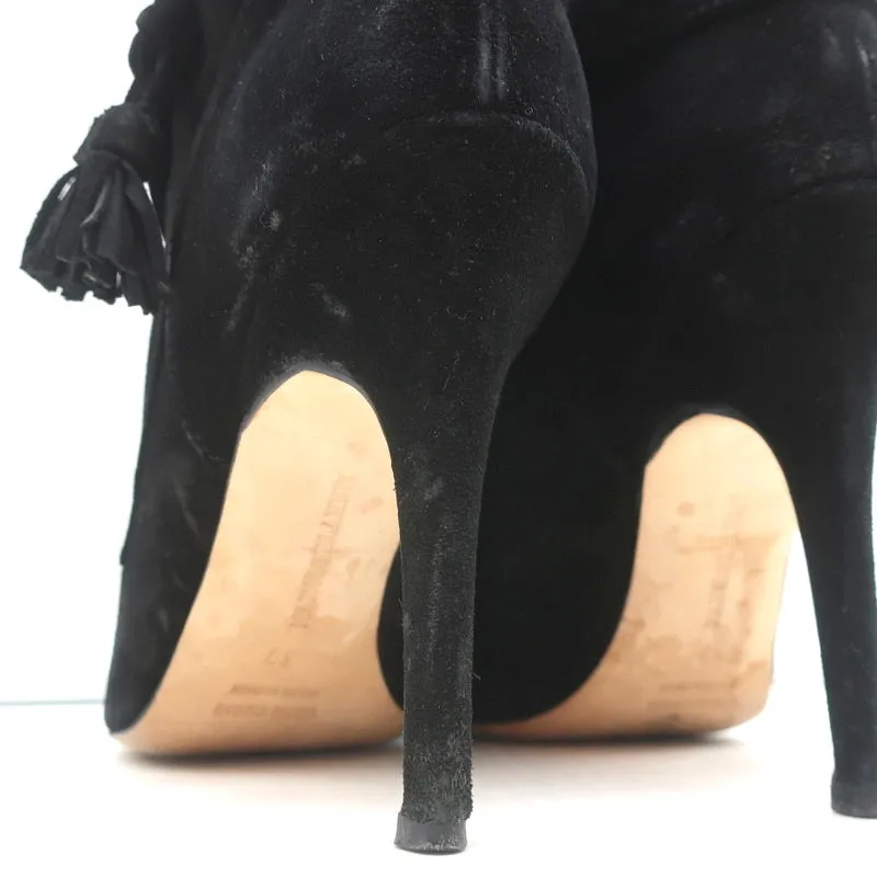 Bottes à cheville à pompons Manolo Blahnik en daim noir taille 37 à talon haut