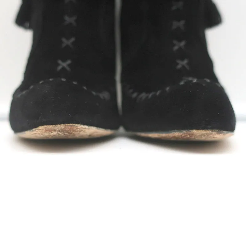 Bottes à cheville à pompons Manolo Blahnik en daim noir taille 37 à talon haut