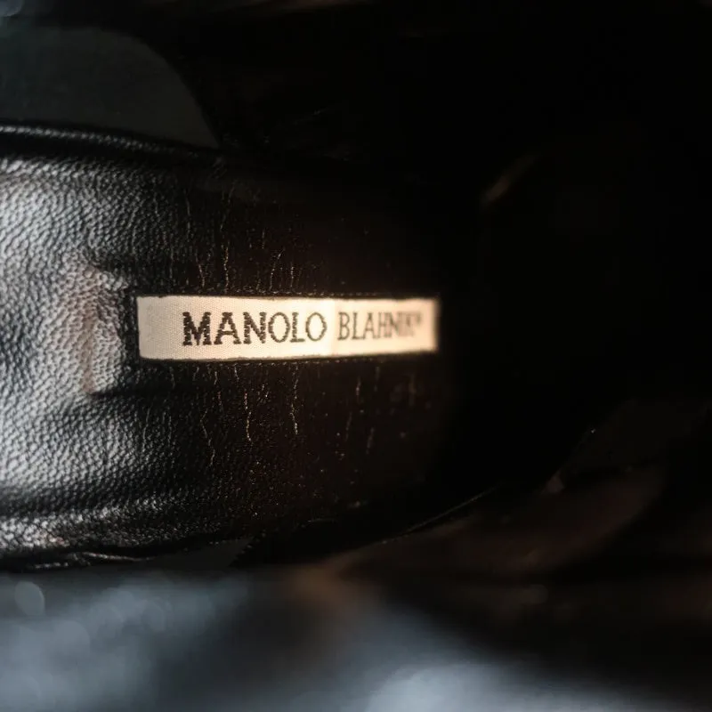 Bottes à cheville à pompons Manolo Blahnik en daim noir taille 37 à talon haut