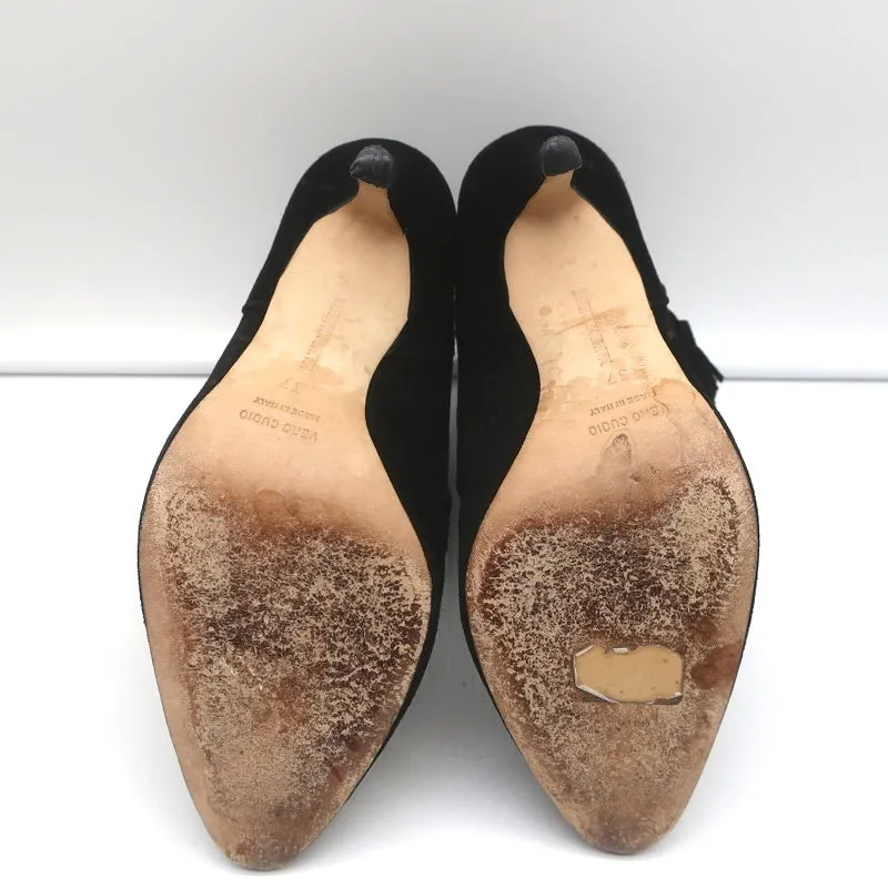 Bottes à cheville à pompons Manolo Blahnik en daim noir taille 37 à talon haut