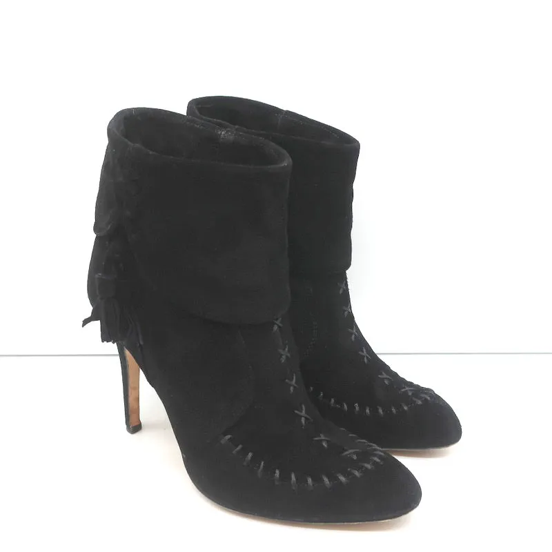 Bottes à cheville à pompons Manolo Blahnik en daim noir taille 37 à talon haut