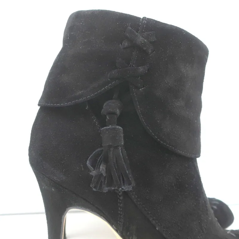 Bottes à cheville à pompons Manolo Blahnik en daim noir taille 37 à talon haut