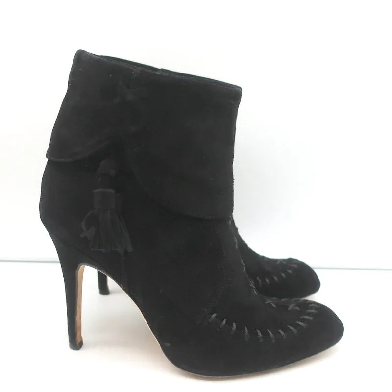 Bottes à cheville à pompons Manolo Blahnik en daim noir taille 37 à talon haut