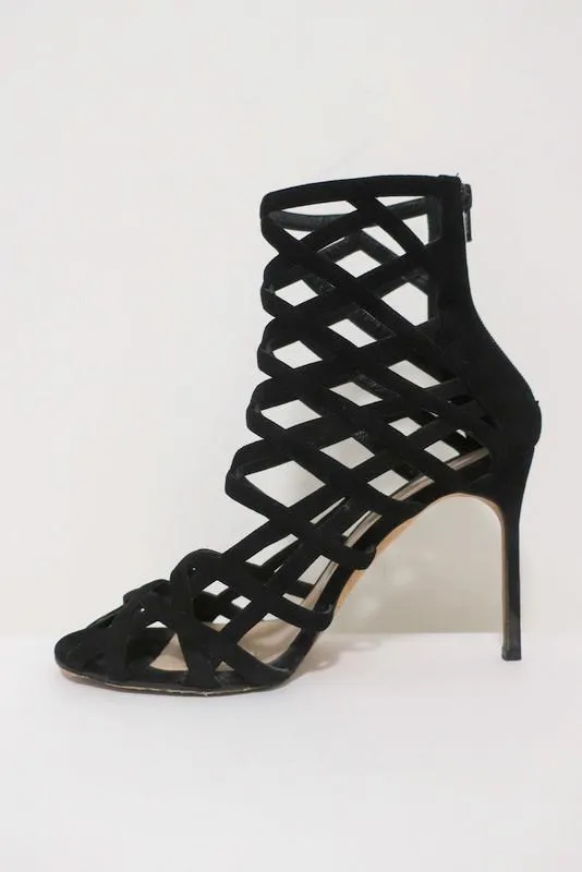 Bottines Cage Vagibuzip Manolo Blahnik en Suède Noir Taille 40.5 à Bout Ouvert et Talon