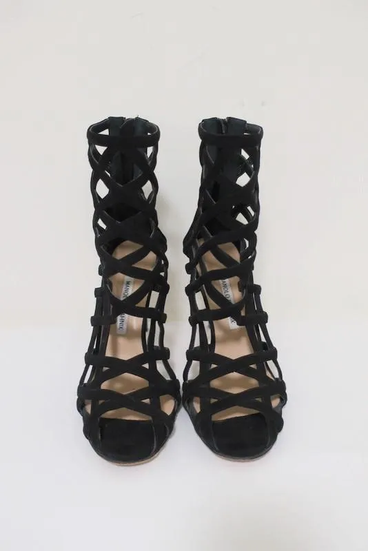 Bottines Cage Vagibuzip Manolo Blahnik en Suède Noir Taille 40.5 à Bout Ouvert et Talon