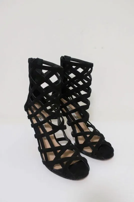 Bottines Cage Vagibuzip Manolo Blahnik en Suède Noir Taille 40.5 à Bout Ouvert et Talon