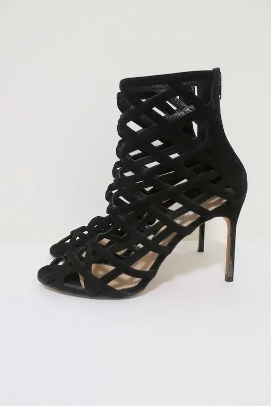 Bottines Cage Vagibuzip Manolo Blahnik en Suède Noir Taille 40.5 à Bout Ouvert et Talon