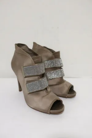 Bottines Pedro Garcia en satin beige avec incrustations de cristal, taille 38, bout ouvert, chevillère