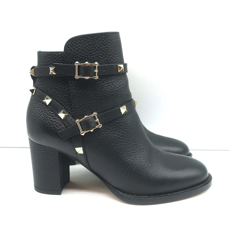 Bottes Valentino Rockstud à cheville en cuir grainé noir Taille 35.5 Bottines à talon moyen