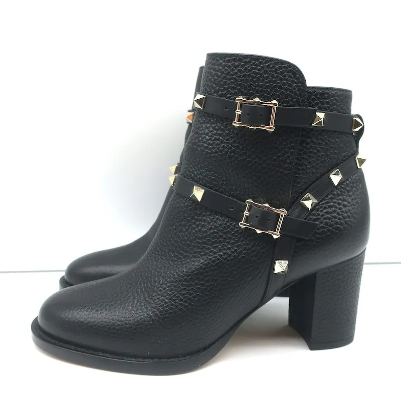 Bottes Valentino Rockstud à cheville en cuir grainé noir Taille 35.5 Bottines à talon moyen